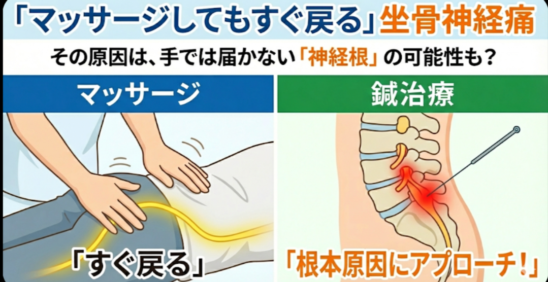 坐骨神経痛　すぐに戻るマッサージ、根本に効く鍼